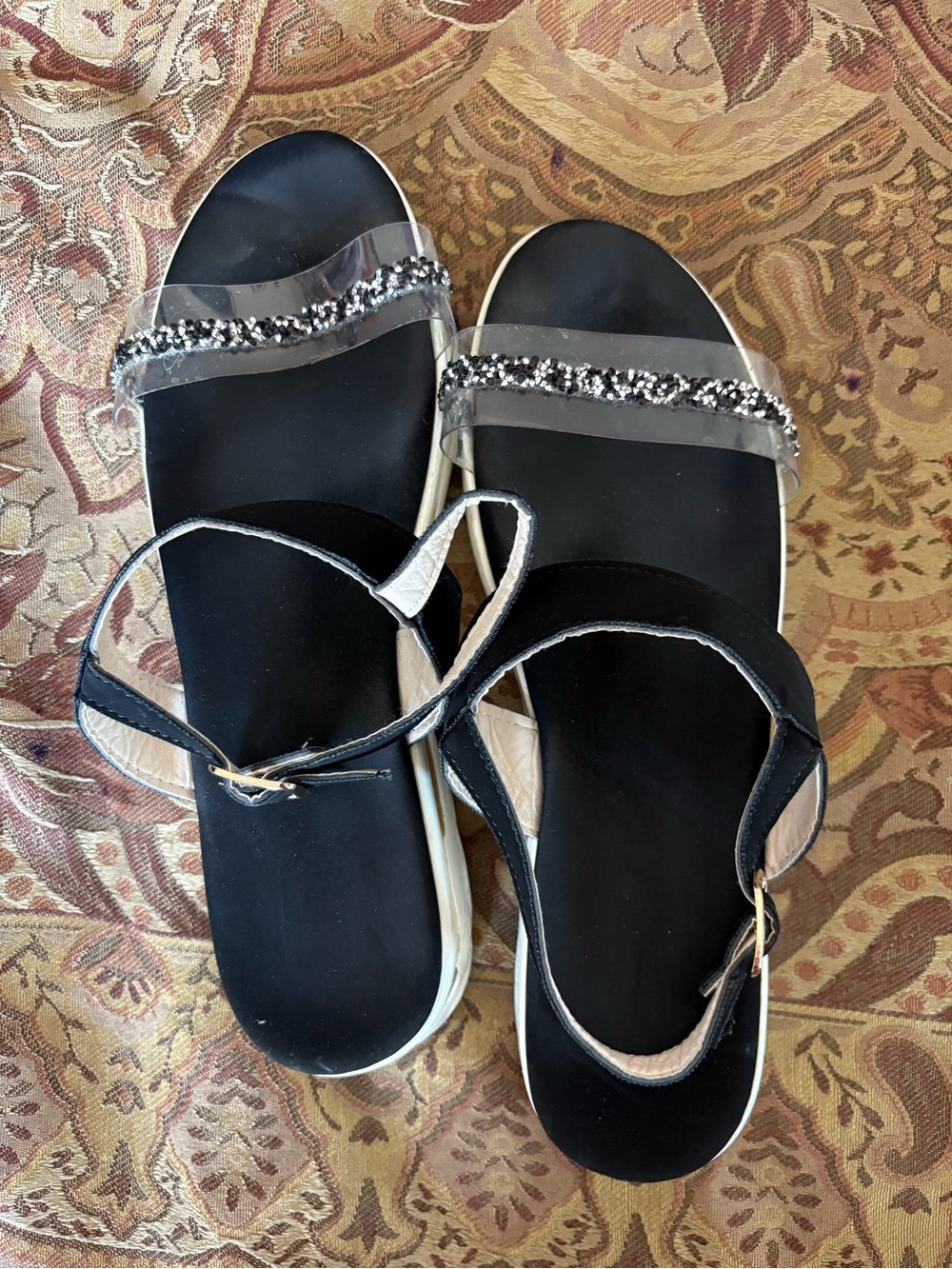 Women's Black Glitter Slide Sandals with Clear Strap